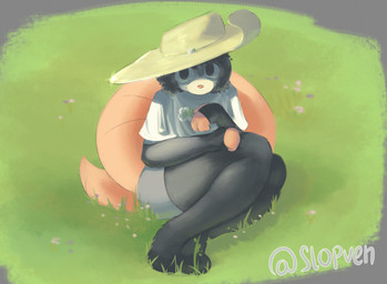 anthro armwear big_butt black_armwear black_clothing black_ears black_footwear black_legwear black_socks black_thigh_highs black_thigh_socks brown_hair butt clothing femboy flower flower_on_hat footwear fur grass grey_body grey_butt grey_fur hair hat headgear headwear legwear looking_at_viewer male male_anthro pink_hands pink_nose pink_tail plant public shirt sitting_on_grass socks solo tail thick_tail thigh_highs thigh_socks topwear white_clothing white_flower white_inner_ear white_shirt white_topwear serven serven_(character) american_opossum mammal marsupial virginia_opossum hi_res signature