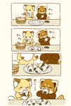 biped black_eyes black_nose brown_body chibi dot_eyes duo eating feral food kemono onigiri rice text shi_nominmin ailurid canid canine fox mammal red_panda 2024 hi_res japanese_text