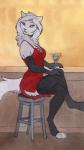 alcohol anthro beverage biped breasts clothed clothing container cup dress drinking_glass female fur glass glass_container glass_cup green_eyes legwear red_clothing red_dress sitting solo stockings white_body white_fur wine wine_glass ruaidri katiana_(ruaidri) domestic_cat felid feline felis mammal 2018 traditional_media_(artwork)