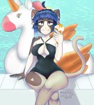 anthro blue_hair breasts claws clothing colored_claws covering covering_breasts dessert digit_ring ear_piercing ear_ring female finger_ring food fur grey_body hair ice_cream jewelry leg_cross looking_at_viewer melted_ice_cream orange_eyes piercing pool_float pool_toy raised_arm raised_tail ring_piercing simple_background sitting smile solo star_pattern swimming_pool swimwear tail text water wet wet_body wet_fur white_body yellow_eyes milch_und_gold milch felid feline mammal 2022 digital_media_(artwork) hi_res watermark