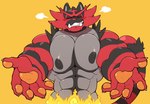 abs anthro areola barazoku biceps big_muscles big_pecs blush claws eyebrows eyes_closed fire flustered front_view fur gesture huge_muscles kemono male muscular muscular_anthro muscular_male navel nipples nude pawpads pec_squish pecs simple_background smile solo spread_arms squish standing teeth thick_arms tuft yellow_background myiko nintendo pokemon ugh_fine_i_guess_you_are_my_little_pogchamp generation_7_pokemon incineroar pokemon_(species) 2025 hi_res meme reaction_image