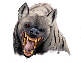 ambiguous_feral ambiguous_gender bared_teeth black_nose black_stripes bodily_fluids brown_body brown_fur fangs feral fur looking_at_viewer open_mouth red_eyes saliva simple_background snarling solo striped_body striped_fur stripes teeth tongue whiskers white_background yellow_teeth hodarinundu hyena mammal pachycrocuta prehistoric_species 2022 bust_portrait digital_drawing_(artwork) digital_media_(artwork) portrait signature
