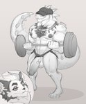 anthro aroused barazoku big_tail body_hair chest_hair clothing clothing_aside covered_eyes duo exercise exhibitionism fangs foreskin furgonomic_hat furgonomic_headwear furgonomics genitals hat headgear headwear horn jockstrap jockstrap_aside male male_anthro nipples partially_clothed_anthro partially_clothed_male penis scales stare tail teeth underwear underwear_aside vein veiny_penis voyeur workout tonkotsu_spicy_noodle alligator alligatorid canid canine canis crocodilian domestic_dog husky mammal nordic_sled_dog reptile scalie spitz absurd_res hi_res
