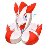 anthro blue_eyes blue_pupils blush bodily_fluids breasts female flying_sweatdrops glistening glistening_body looking_at_viewer pink_blush pupils red_body simple_background solo sweat sweatdrop wavy_mouth white_background white_body kemojin canid mammal 1:1 2019 hi_res