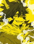 anthro beard clothing facial_hair fur grin kemono male neck_tuft simple_background smile solo teeth tuft yellow_background yellow_monochrome ohayashi55 lifewonders tokyo_afterschool_summoners temujin_(tas) canid canine canis mammal wolf yellow_theme