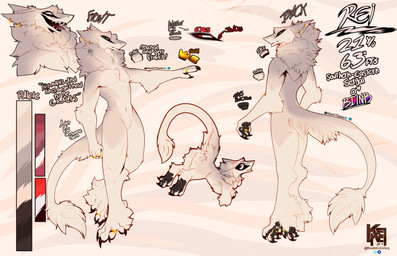 anthro biped ear_piercing fluffy fur long_tail male male_anthro maned markings open_mouth pawpads paws piercing red_eyes ring smile solo tail tan_body tan_fur text white_chest krackersgallery rei_(krackersgallery) sergal absurd_res english_text hi_res model_sheet