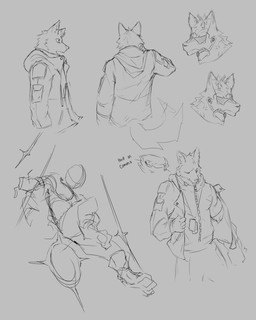 anthro clothed clothing cyberpunk eyewear fully_clothed group jacket male power solo text topwear wolfanine canid canine canis mammal wolf absurd_res digital_media_(artwork) english_text hi_res model_sheet monochrome sketch_page unfinished