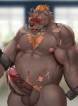 anthro balls belly big_penis blush bodily_fluids cute_fangs erection fangs genital_fluids genitals humanoid_genitalia humanoid_penis male moobs musclegut muscular nipples overweight overweight_anthro overweight_male penis precum scar solo teeth tongue tongue_out edogast lifewonders tokyo_afterschool_summoners barguest_(tas) bear mammal 2020 hi_res