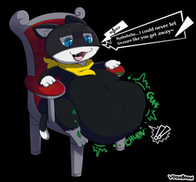 abdominal_bulge belly big_belly black_body black_fur chair dialogue fur furniture male male_pred rumbling_stomach same_size_vore scarf sitting text vore white_body white_fur voonboon atlus megami_tensei persona_(series) persona_5 sega morgana_(persona) domestic_cat felid feline felis mammal hi_res