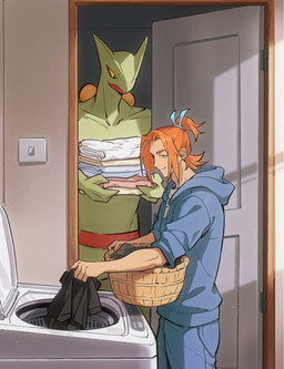 anthro appliance bottomwear clothed clothing doing_laundry door duo folded_clothing fully_clothed holding_clothing holding_object hoodie inside laundry laundry_basket laundry_machine laundry_room light male male/male open_door pants shirt smile topwear washing_machine laiweitui nintendo pokemon a_mu_(laiweitui) fang_yuan_(laiweitui) generation_3_pokemon human mammal pokemon_(species) reptile scalie sceptile hi_res lighting