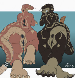anthro anus big_butt butt butt_squish darkened_genitalia duo feet female forked_tongue genitals inviting looking_at_viewer lying mouth_closed narrowed_eyes non-mammal_vulva on_front presenting presenting_anus presenting_hindquarters presenting_vulva pupils raised_tail scales slit_pupils squish tail take_your_pick thick_tail thick_thighs tongue tongue_flick tongue_out ventral_scales vulva nekomata_ftnr heidi_(wanderlusthawk) nyx_(pandiwing) black_rattlesnake pit_viper rattlesnake red_diamond_rattlesnake reptile scalie snake viper absurd_res hi_res