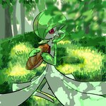 ambiguous_gender food grass green_pseudo_hair holding_food holding_object one_eye_obstructed plant pseudo_hair red_eyes sandwich_(food) sitting solo tree white_body mikanbouzuuu nintendo pokemon gardevoir generation_3_pokemon humanoid pokemon_(species) 1:1 2025 hi_res