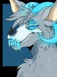 anthro big_fangs blue_background blue_eyes blue_horn blue_teeth cheek_tuft chest_tuft facial_tuft fangs fur grey_body grey_fur grey_hair hair horn looking_at_viewer male multi_eye short_hair side_view simple_background solo teeth tuft imperatorcaesar canid canine mammal alpha_channel bust_portrait portrait