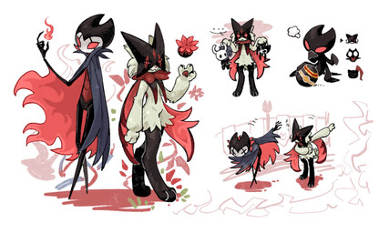 2_horns 4_fingers ambiguous_gender anthro biped black_body black_eyes black_text bowing ellipsis empty_eyes eyes_closed fingers fire flower fur group hair holding_another horn mask mouth_closed pawpads paws plant pokeball pupils red_eyes speech_bubble standing text white_sclera aaasakawa hollow_knight_(franchise) nintendo pokemon team_cherry grimm_(hollow_knight) grimmchild_(hollow_knight) the_knight_(hollow_knight) arthropod felid feline generation_9_pokemon mammal meowscarada pokemon_(species) vessel_(species) 2026 crossover english_text hi_res
