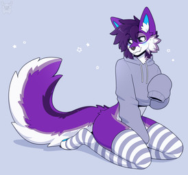 anthro black_claws black_nose black_sclera blue_blush blue_inner_ear blue_pawpads blush cheek_tuft claws clothing crop_top cute_fangs ear_tuft eyebrows facial_tuft fangs femboy fur grey_clothing hair hoodie kneeling legwear male medium_hair pattern_clothing pattern_legwear pattern_stockings pawpads purple_body purple_fur purple_hair shirt sitting smile solo stockings striped_clothing striped_legwear striped_stockings stripes tail teeth thigh_highs topwear tuft white_body white_eyes white_fur fleurfurr aethar_(aethar_wolf) canid canine canis mammal wolf absurd_res digital_media_(artwork) hi_res shaded