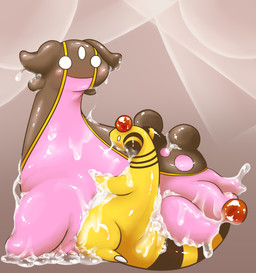 ambiguous_gender blush bodily_fluids cum duo excessive_cum excessive_genital_fluids female feral genital_fluids slime tail yellow_body yellow_skin kitigaru nintendo pokemon ampharos aquatic gastrodon gastropod generation_2_pokemon generation_4_pokemon mollusk pokemon_(species) west_sea_gastrodon