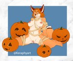 absurd_res anthro belly big_breasts big_tail breasts canid canine digital_media_(artwork) female food fox fruit fur genitals hair halloween hi_res holidays keraphy_(character) keraphyart looking_at_another looking_pleasured mammal navel nipples nude plant pumpkin pussy seductive simple_background smile solo tail thick_thighs wide_hips