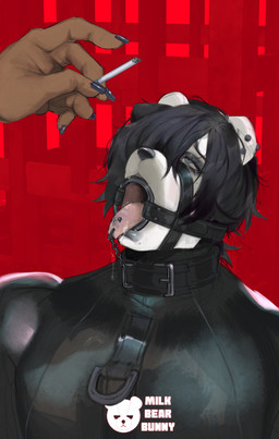 alternative_fashion ambiguous_gender anthro bdsm black_hair black_lipstick blue_eyes cigarette clothing collar disembodied_hand duo emo fur gag gagged hair holding_cigarette holding_object latex latex_clothing latex_skinsuit lips lipstick living_ashtray makeup male male/ambiguous muzzle_(object) muzzle_gag muzzled nails open_mouth piercing piercing_bondage red_background ring_gag ring_piercing simple_background skinsuit submissive submissive_anthro submissive_male text thick_bottom_lip tight_clothing tongue tongue_out tongue_piercing tongue_ring white_body white_fur milkbearbunny bunny_(milkbearbunny) bear mammal english_text hi_res