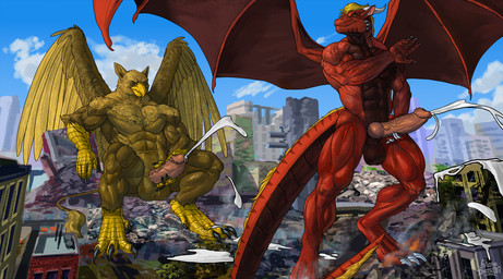 4_toes 5_fingers abs animal_genitalia animal_penis anthro balls beak biceps biped bodily_fluids brown_body brown_fur building building_destruction canine_genitalia canine_penis city city_background city_crushing city_destruction cityscape claws crush cum cum_on_ground cumshot destruction duo ejaculation erection feathered_wings feathers feet finger_claws fingers foot_crush fur genital_fluids genitals house knot macro macro_anthro macro_male male masturbation muscular muscular_anthro muscular_male nude outside paws pecs penile penile_masturbation penis rampage red_body red_scales scales sitting sky smile standing stomping tail toe_claws toes wings shaneinvasion mythology carpo pyrozen avian dragon gryphon mythological_avian mythological_creature mythological_scalie scalie hi_res