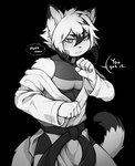 5_fingers anthro clothed clothing dipstick_ears dipstick_tail ear_markings eyebrows fingers hair male markings multicolored_ears solo tail tail_markings text coff ereki_kagami domestic_cat felid feline felis mammal english_text hi_res monochrome