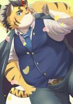 anthro belly big_belly blue_eyes blush bottomwear bulge clothing humanoid_hands kemono male necktie overweight overweight_male pants shirt solo suit topwear nazebesu_hobby tamacolle hitachi_(tamacolle) felid mammal pantherine tiger 2023 absurd_res hi_res