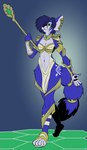 anthro armor blue_body blue_fur blue_hair bottomwear bracers clothed clothing female footwear fully_clothed fur gold_(metal) gold_jewelry green_eyes hair jewelry krystal's_staff leg_tattoo loincloth sandals shoes solo tattoo remwithpen .hack cyberconnect2 nintendo star_fox krystal_(star_fox) canid canine fox mammal