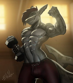 abs biceps bodily_fluids bottomwear bulge clothed clothing ear_piercing exercise flexing hair male muscular muscular_male nipple_piercing nipples pants pecs piercing red_hair solo sweat sweatpants topless weights workout bleats zale_the_shark aquatic fish shark hi_res
