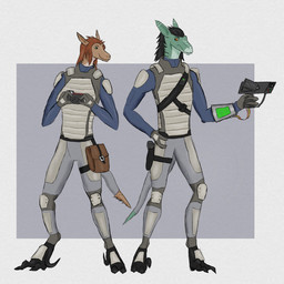 anthro armor black_hair brown_hair camera claws clothed clothing digitigrade duo female fur green_body hair holding_object male pouch_(clothing) scales sickle_claw simple_background tail tan_body tapering_tail thigh_pouch toe_claws uniform maaarked_one leo_(maaarked_one) tavi_(maaarked_one) durachev furred_scalie hilachev scalie 1:1 digital_media_(artwork) hi_res