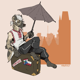 anthro barefoot city city_background cityscape czech_flag ears_up eyewear facial_piercing feet flag glasses hair holding_object holding_umbrella hungarian_flag looking_at_viewer male nose_piercing nose_ring piercing ring ring_piercing round_glasses septum_piercing septum_ring sitting sitting_on_suitcase slovak_flag solo tail umbrella wearing_glasses white_hair mawkvlt kolya_yeen_(mawkvlt) hyena mammal spotted_hyena 1:1 absurd_res hi_res