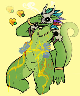 animal_genitalia anthro bone bone_mask disembodied_hand genital_slit genitals green_body heart_symbol jewelry male markings mask necklace nude shoulder_guards skull skull_mask solo fishtacosad terraria witch_doctor_(terraria) lihzahrd lizard reptile scalie hi_res