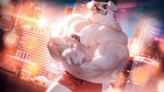 anthro biceps big_muscles city cityscape clothing detailed_background emoticon emoticon_on_clothing fur huge_muscles male muscular muscular_anthro muscular_male nipples outside owo sky solo topwear dona908 canid canine canis domestic_dog mammal 16:9 2021 absurd_res hi_res widescreen