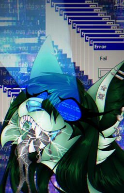 bluescreen ear_piercing error_message fur green_body green_fur green_hair gynomorph hair intersex piercing solo static teeth conditional_dnp slates1n maxine_(aprilgreenthing) hybrid absurd_res hi_res