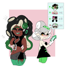 breasts brown_body brown_skin cellphone clothing dress duo electronics female gloves grey_hair hair handwear headphones phone smartphone yellow_eyes dwps nintendo splatoon marie_(splatoon) marina_(splatoon) animal_humanoid aquatic aquatic_humanoid cephalopod cephalopod_humanoid humanoid inkling mollusk mollusk_humanoid octarian octoling 1:1 2021 absurd_res hi_res