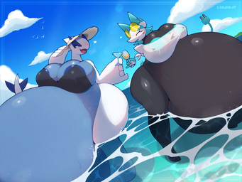areola areola_slip belly big_belly big_breasts big_butt bikini black_body black_clothing blue_body blue_eyes breasts butt clothed clothing container cup detailed_background duo eyes_closed eyewear eyewear_on_head glass glass_container glass_cup hat headgear headwear holding_container holding_object huge_belly huge_breasts hyper hyper_belly hyper_breasts hyper_pregnancy open_mouth open_smile partially_clothed partially_submerged pregnant seaside smile straw_hat submerged_feet submerged_legs sunglasses sunglasses_on_head swimwear text thick_thighs tight_clothing two-piece_swimsuit wearing_sunglasses white_body white_clothing wide_hips zegorav deltarune nintendo pokemon undertale_(series) tasque_manager generation_2_pokemon legendary_pokemon lugia pokemon_(species) 2026 absurd_res artist_name colored digital_media_(artwork) english_text hi_res shaded