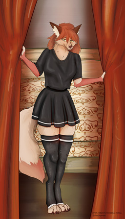 anthro arm_markings bangs black_clothing brown_body brown_ears brown_fur brown_nose clothed clothed_anthro clothed_female clothing female fluffy fluffy_tail front_view fur green_eyes hair inner_ear_fluff legwear markings solo stockings tail thigh_highs tuft furrymammy kiri_igness canid canine fox mammal absurd_res hi_res
