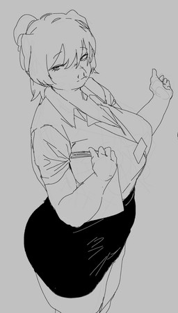 anthro biped breasts cleavage clothed clothing eyebrows eyelashes female fingers grey_background hair mouth_closed pupils simple_background solo standing teeth work_clothes meckmeck00124 domestic_pig mammal suid suine sus_(pig) hi_res monochrome