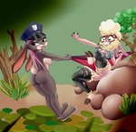 anthro atomic_wedgie bottomless clothed clothing display_case display_window duo exhibit female fight hammock museum panicking plant police smug topless wedgie dlovolb disney zootopia dawn_bellwether judy_hopps bovid caprine lagomorph leporid mammal rabbit sheep hi_res