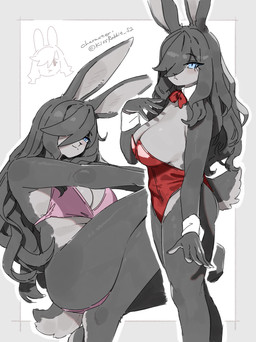 anthro biped blush breasts butt clothed clothed_anthro clothed_female clothing countershade_torso countershading female fingers front_view fur hair leotard looking_at_viewer medium_breasts simple_background sitting smile solo standing tail kame_3 lagomorph leporid mammal rabbit 2026 absurd_res digital_drawing_(artwork) digital_media_(artwork) hi_res