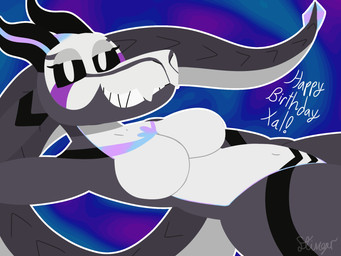 anthro female looking_at_viewer lying machine on_back solo tail therainbowidiot mythology xal_(xalware) dragon mythological_creature mythological_scalie scalie hi_res