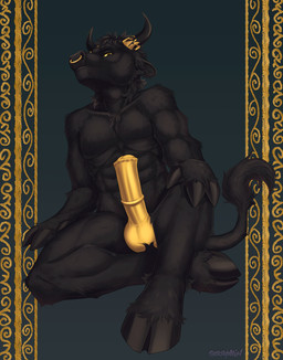 abs animal_genitalia animal_penis anthro balls black_body black_fur equine_genitalia equine_penis erection facial_piercing fur genitals hooves horn looking_at_viewer male medial_ring muscular muscular_anthro muscular_male nose_piercing nose_ring nude penis piercing ring_piercing septum_piercing simple_background sitting solo tail tuft yellow_eyes yellow_penis seraphimka european_mythology greek_mythology mythology bovid bovine cattle mammal minotaur absurd_res hi_res