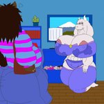 alythewolfcat anthro bedroom big_breasts blood bodily_fluids boss_monster_(undertale) bovid breasts caprine clothing cosplay crossover crossover_cosplay draco_sandy duo female footwear frisk_(undertale) goat hi_res huge_breasts hyena lingerie male male/female mammal muscular muscular_female nosebleed overweight overweight_female socks toriel undertale undertale_(series)