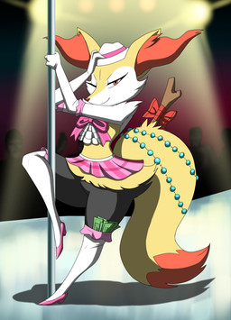 anthro biped bottomwear clothed clothing dancing female footwear gloves handwear hat headgear headwear high_heels jewelry leg_around_pole legwear looking_at_viewer money one_eye_closed pole pole_dancing pumps ribbons shoes skirt solo spotlight stockings stripper stripper_pole striptease wink crovirus nintendo pokemon braixen canid canine generation_6_pokemon mammal pokemon_(species) hi_res