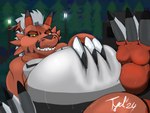 anthro belly claws feet foot_fetish foot_focus lying male narrowed_eyes on_back overweight paws solo tychon tychondryus bandai_namco digimon digimon_(species) growlmon 4:3 absurd_res hi_res