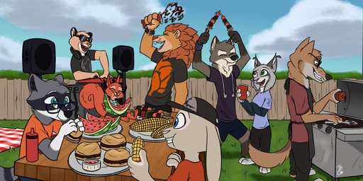anthro barefoot brown_body brown_fur burger clothed clothing cloud cooking corn detailed_background eating eyes_closed eyewear feet female fence food fruit fully_clothed fur glasses grass grey_body grey_fur grin group heterochromia holding_food holding_object looking_at_another male melon open_mouth open_smile outside plant sky smile standing watermelon watermelon_slice theblueberrycarrots cas_(casvoiceacts) joseph_wilde qalcove_(character) ragey canid canine canis felid feline lagomorph leporid lion lynx mammal pantherine procyonid rabbit raccoon rodent sciurid wolf 2020 2:1 character_request digital_media_(artwork) hi_res
