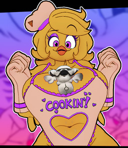 anthro apron apron_only beak between_breasts big_breasts blonde_hair breasts chef_hat cleavage clothed clothing confusion cutout duo eyebrows eyeshadow fangs feathers female gloves hair handwear hat headgear headwear heart_cutout looking_down makeup male medium_hair navel navel_cutout non-mammal_breasts non-mammal_navel pink_eyes plushie purple_eyeshadow raised_eyebrow smile teeth text white_clothing white_gloves white_handwear yellow_body yellow_feathers cryptiacurves cryptiacurves_(modeler) fazclaire's_nightclub five_nights_at_freddy's scottgames bogus_(cryptiacurves) chica_(fnaf) chiku_(cryptiacurves) avian bird chicken galliform phasianid 3d_(artwork) digital_media_(artwork) english_text