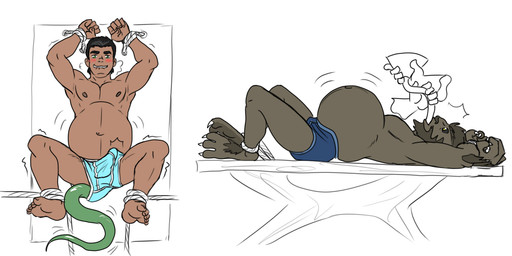 abdominal_bulge anal anal_vore anthro bdsm belly big_belly bite biting_lip black_hair black_sclera bloated blush bondage bound brown_body brown_fur bulge clothing detailed_bulge disembodied_hand erection erection_under_clothing feral feral_prey force_feeding forced funnel funnel_in_mouth fur genital_outline green_eyes hair human_pred male male_pred penis_outline underwear vore yellow_eyes verzisphere mythology canid canine canis human mammal mythological_canine mythological_creature reptile scalie snake werecanid werecanine werecreature werewolf wolf character_request hi_res