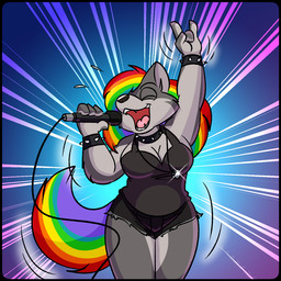 anthro bottomwear bracelet breasts cleavage clothed clothing collar devil_horns_(gesture) electronics eyes_closed female fur gesture grey_body grey_fur hair hand_gesture hotpants jewelry microphone multicolored_hair multicolored_tail necklace open_mouth rainbow_hair rainbow_tail sharp_teeth shorts simple_background singing smile solo spiked_bracelet spiked_collar spikes tail teeth tongue topwear cartoonwolf 9_to_9 ammy_(9_to_9) canid canine canis mammal wolf 1:1 digital_media_(artwork)