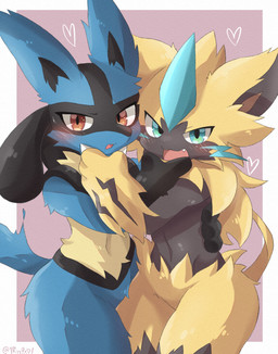 ambiguous/ambiguous ambiguous_gender anthro anthro_on_anthro big_ears biped black_body black_fur black_inner_ear blue_body blue_ears blue_eyes blue_fur blue_tail blush caressing caressing_face cheek_tuft claws cute_fangs duo eyelashes facial_tuft fangs featureless_crotch finger_claws fluffy front_view fur glistening glistening_body glistening_eyes glistening_fur head_tuft heart_symbol hip_tuft hug kemono looking_at_viewer monotone_tail multicolored_body multicolored_fur navel nude nude_ambiguous nude_anthro open_mouth pupils purple_background red_eyes simple_background standing tail teeth three-quarter_view tuft two_tone_body two_tone_fur white_claws yellow_body yellow_ears yellow_fur white_basket_(artist) nintendo pokemon canid canine felid feline generation_4_pokemon generation_7_pokemon legendary_pokemon lucario mammal pokemon_(species) zeraora 2021 colored digital_media_(artwork) hi_res portrait shaded three-quarter_portrait