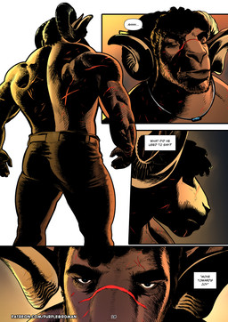 5_fingers anthro arm_scar back_scar back_scars big_muscles brown_body brown_eyes chest_scar clothed clothing eyebrows eyes_closed fantasy fingers horn jewelry large_male male muscular muscular_anthro muscular_male necklace scar shaded_face shadow silhouette silhouetted_body solo speech_bubble text thick_eyebrows topless topless_anthro topless_male purplebirdman roshim_(purplebirdman) bovid caprine goat mammal sheep 2023 better_version_at_paywall colored comic detailed english_text shaded url