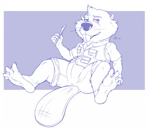 anthro barefoot beaver_tail belly buckteeth claws clothed clothing feet female fur half-closed_eyes holding_object holding_stick leaning leaning_backward looking_at_viewer membrane_(anatomy) narrowed_eyes sitting slightly_chubby slightly_chubby_female solo spread_legs spreading stick teeth whiskers jimfoxx nibbles_maplestick beaver mammal rodent 2026 hi_res signature